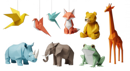 Origami animals collection isolated on a transparent background