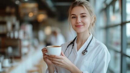 Doctor enjoying coffee break in a hospital caf&eacute;