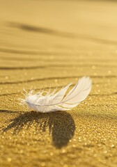 Glowing white feathers resting gently on golden shimmering warm sand under bright summer sunshine, symbolizing heavenly tranquility and peaceful vacation ,sacred ,dreamy ,abstract