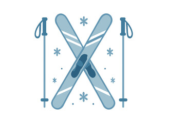 Crossed pair of blue skis and ski poles with falling snowflakes for winter sports
