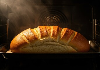 Golden-brown bread loaf, just removed from a hot oven, releasing fragrant steam. A warm, comforting, and delicious homemade culinary delight ,dinner ,bread ,comfort food
