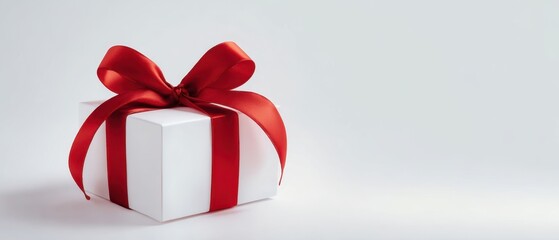 The Gift Box with Red Satin Bow on Minimal White Background for Celebrations