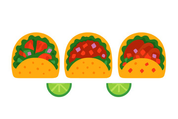 Three crunchy hard shell tacos filled with ground beef, steak, and fresh vegetables served with lime