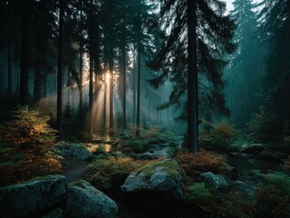 Obraz premium A cinematic forest scene enveloped in dense fog a single beam