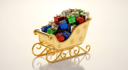 Golden sleigh filled with colorful christmas gifts on a white surface background