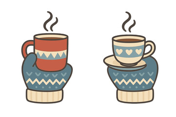 Hands wearing patterned winter mittens holding steaming mugs of hot beverages