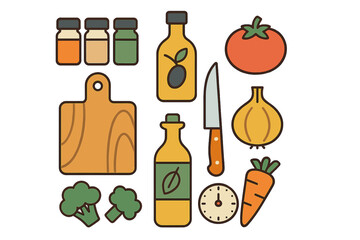 Essential kitchen cooking ingredients and preparation tools for healthy recipes