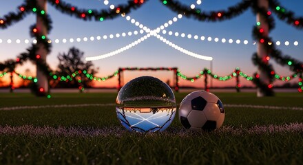 Soccer ball and crystal ball on grass field decorated for christmas at dusk time