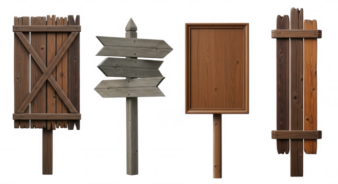 Wooden signs and posts isolated on a transparent background