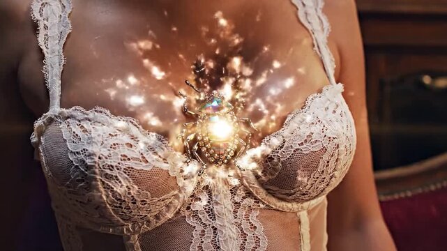 Glamorous woman in luxurious lace lingerie and a feathered hat attaching a beautiful glowing jewel beetle brooch to her bustier.