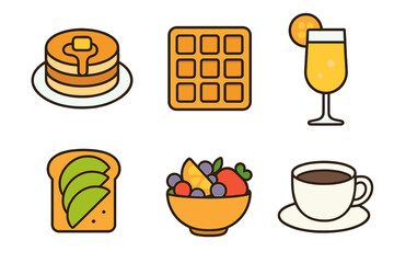 Six delicious breakfast foods and drinks including pancakes, waffle, fruit, and coffee