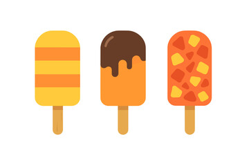Assortment of three sweet frozen popsicles with striped, chocolate, and fruit flavors