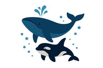 Cute stylized blue whale spouting water and killer whale swimming in the ocean