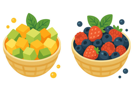 Colorful bowls containing cubed tropical fruit and assorted fresh summer berries with mint garnish
