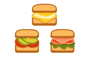 Stylized set of three square sandwiches with egg, avocado, and ham fillings