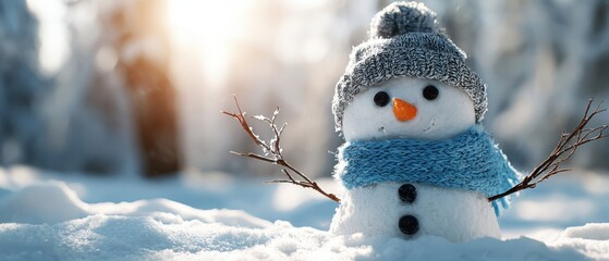 The Snowman Wearing a Knitted Hat and Scarf in Sunlit Winter Forest