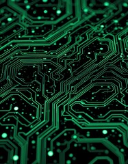Close-up of a green circuit board pattern with glowing traces and connections