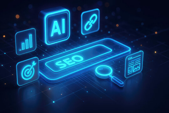 AI and SEO digital concept with search bar magnifying glass and website analytics icons artificial intelligence