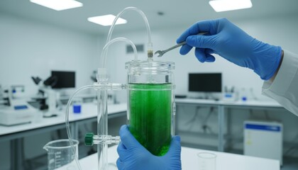 Scientist conducting experiment with green liquid in laboratory setting.