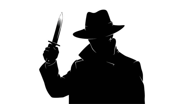 Mysterious silhouette of a man in a fedora holding a sharp knife, evoking suspense, danger, and intrigue for crime novels and thriller book covers