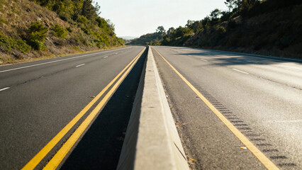 Obraz premium Highway central divider with double yellow lines separating traffic lanes in daylight. mobility guides, transit brochures, designed for transport & logistics marketing.