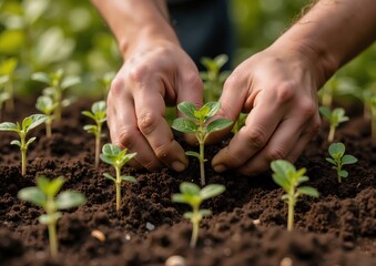 Hands planting seedlings in rich soil in a lush green garden