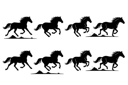 Dynamic herd of horses galloping, powerful silhouettes evoke freedom and strength, perfect for equestrian themes and wild west adventures, originally vector graphics