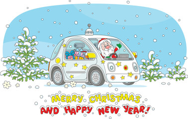 Santa driving his funny electric car full of Christmas gifts, sweets and toys through snowfall on a winter road, vector cartoon illustration on a white background