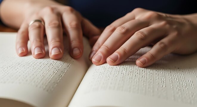 Hands Reading Braille Book Close Up in Low Light