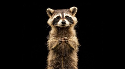 A raccoon standing upright on its hind legs with its front paws in front of it, looking directly at the camera against a black background.
