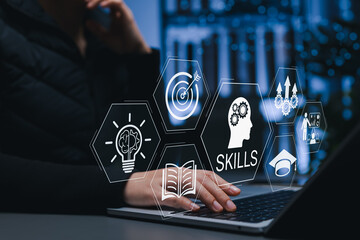 Skills development concept. Person using laptop with digital icons of learning, innovation, training, goal achievement, representing personal growth, education technology, professional advancement,