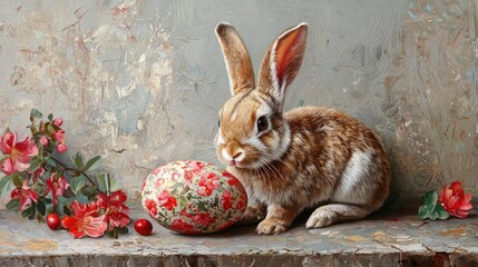A brown rabbit with pink flowers on its ears and a decorative egg on a stone surface with a gray background.