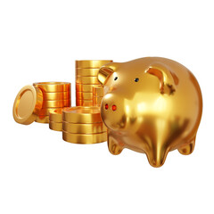 Golden piggy bank with stack of coins.