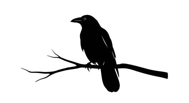 Mysterious raven perched on branch, evoking folklore and nature's beauty, perfect for Halloween designs, gothic art, or wildlife projects with a timeless appeal
