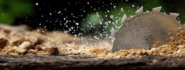 Circular saw blade cutting through wood, creating flying sawdust and water droplets in a lush outdoor setting during daylight