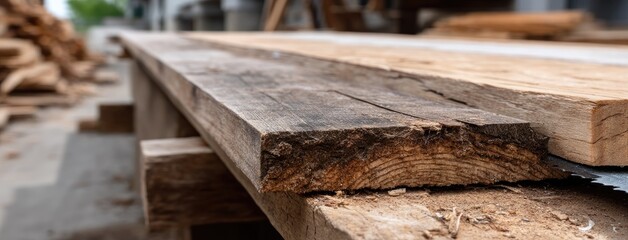 Wooden slabs resting on a workbench in a workshop with sawdust scattered on the floor during daylight hours