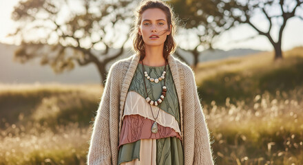 Portrait of a woman in bohemian style under golden sunlight, serene outdoor vibe and natural elegance.