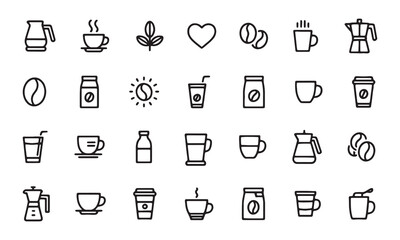 Fototapeta premium Collection of simple black and white line art icons representing various coffee related items and beverages for design