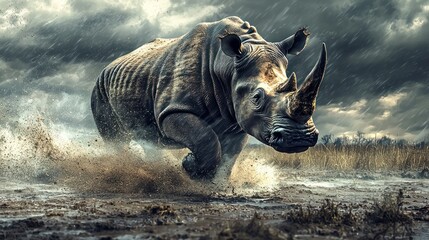 A white rhinoceros running through a muddy, grassy field with a dramatic sky in the background.