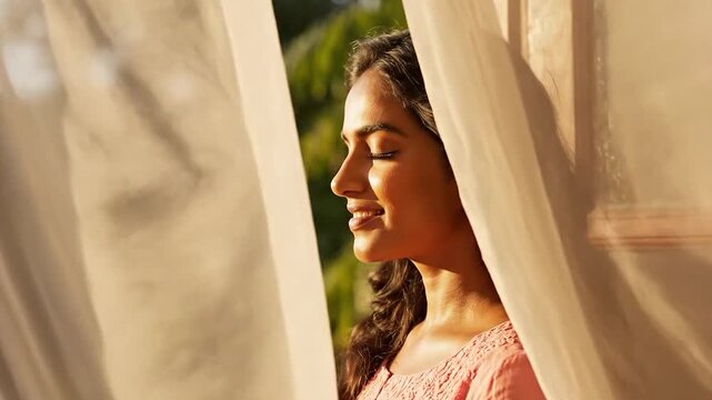 Content Indian Woman Smiling and Enjoying Fresh Air by a Sunlit Window with Sheer Curtains.