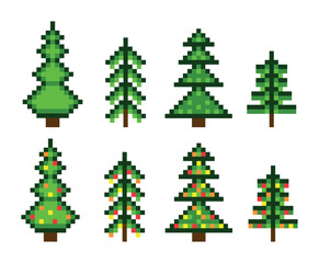 A set of Christmas trees with and without baubles in pixel art style. Isolated vector illustration on a white background.