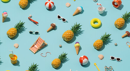 Vibrant summer icons like pineapples ice cream cones beach balls and sunglasses create a playful and cheerful pattern on a bright blue background