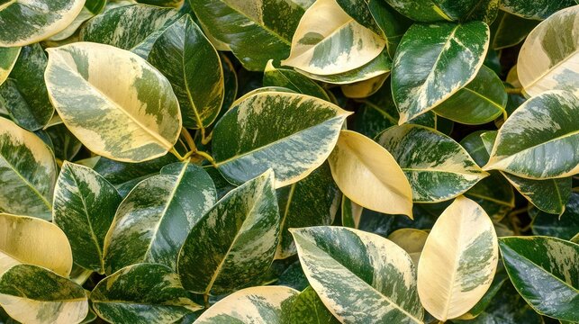 Ficus elastica leaves with variegated green and yellow patterns.