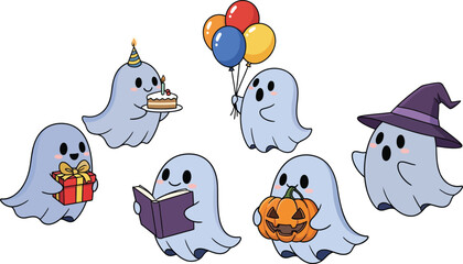 Cute cartoon ghost characters collection with birthday cake balloons pumpkin book witch hat  holiday celebration illustration vector