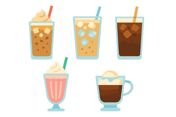 Collection of five different cold coffee, frappe, and sweet dessert drinks served in glasses