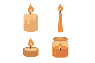 Set of burning candles including pillar, taper, tea light, and jar styles