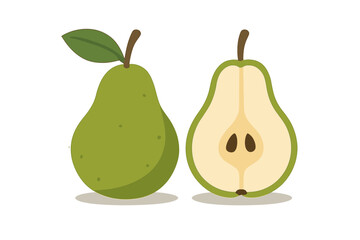 Fresh green pear with a leaf and a half slice showing the inner core and seeds