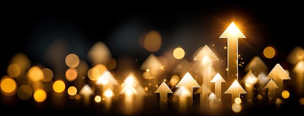Golden arrows point upward amidst a blurred background of warm lights symbolizing growth and success in a financial or business context
