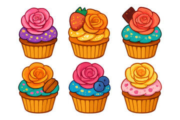 Six colorful gourmet cupcakes decorated with frosting roses and various sweet toppings