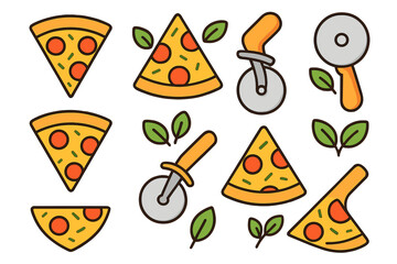 Delicious pepperoni pizza slices, round cutting tools, and fresh green basil leaves